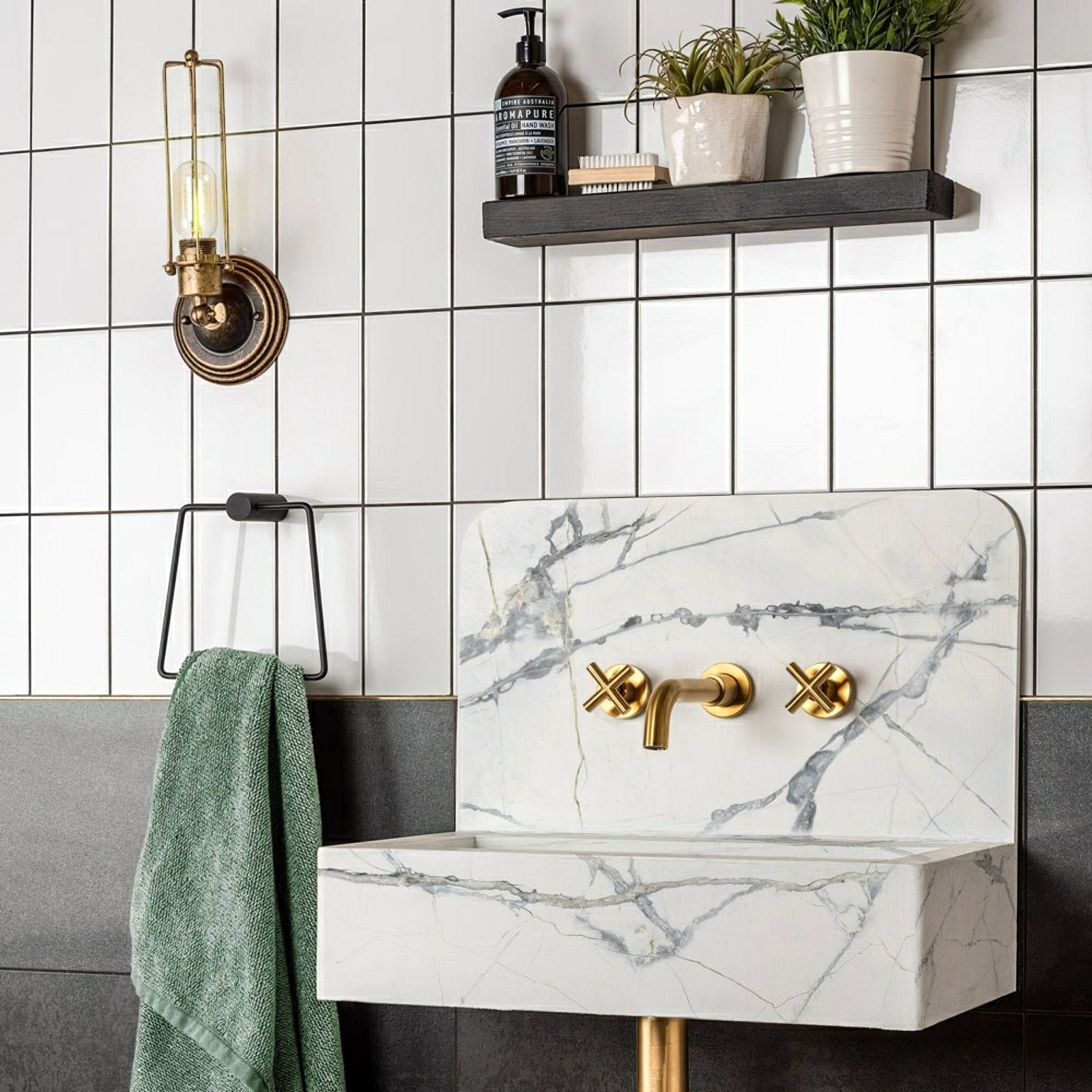 White marble sink with gold cross-shaped faucets in liso white gloss 100x200 bathroom countertop design