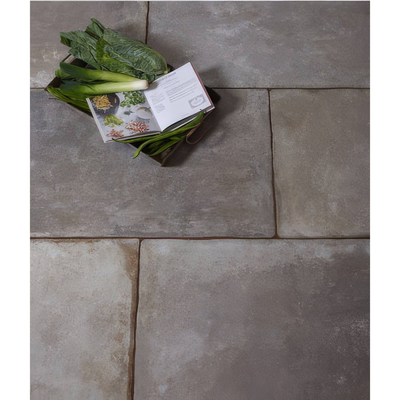 Lithos Porcelain Paving Textured Earth Floor Tile 60x90cm in a kitchen setting