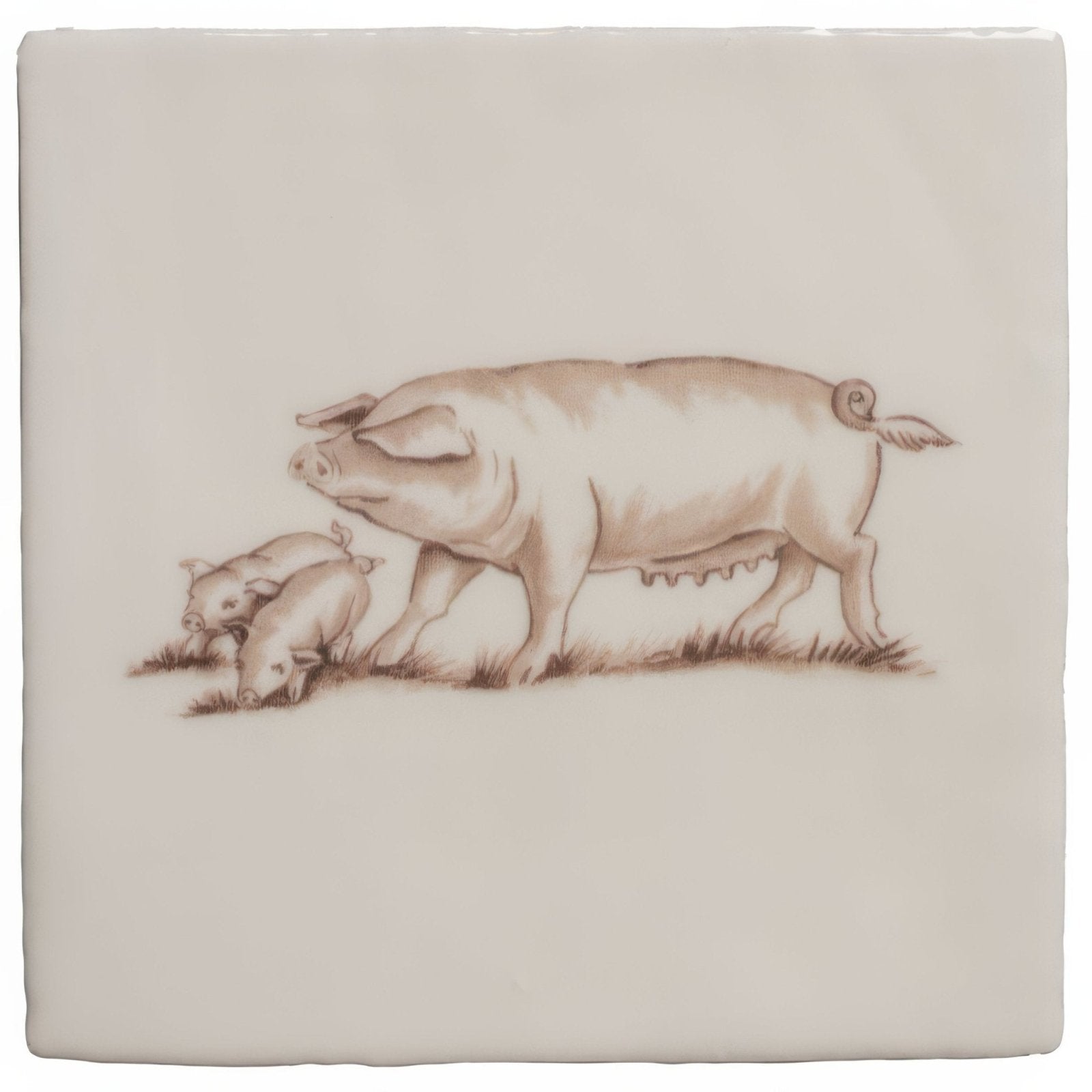 Cream-colored ceramic tile with a delicate brown sepia illustration of an adult pig and two piglets grazing on cotton
