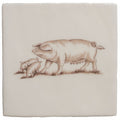 Cream-colored ceramic tile with a delicate brown sepia illustration of an adult pig and two piglets grazing on cotton