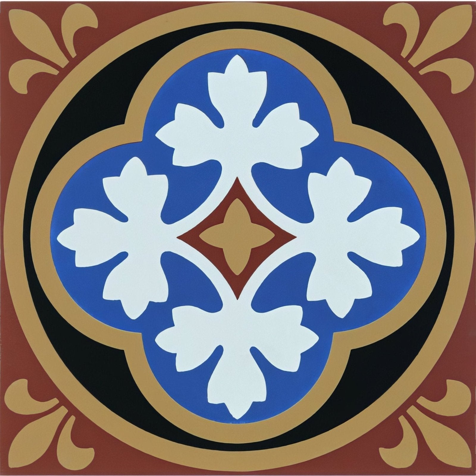 A square ceramic tile Liverpool Blue/White with a symmetrical blue and white quatrefoil design on terracotta background
