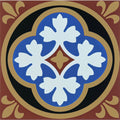 A square ceramic tile Liverpool Blue/White with a symmetrical blue and white quatrefoil design on terracotta background