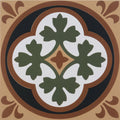 Square ceramic tile Liverpool white/buff with quatrefoil design of olive green leaves and brown black concentric borders
