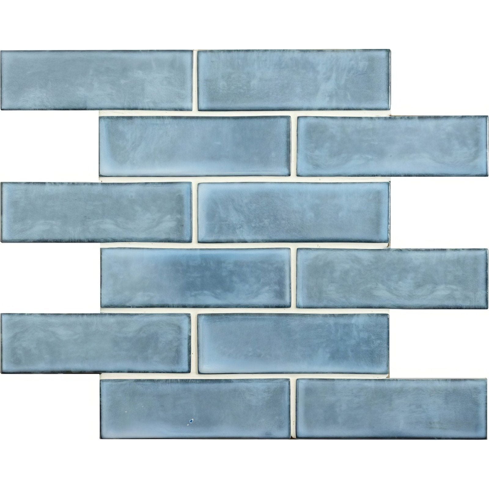 Livid brickbond mosaic blue glass tile with subtle textured finish arranged in a staggered brick pattern