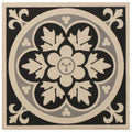 Livingstone black on white vintage-style decorative tile with black and cream floral motif and ornate scrollwork