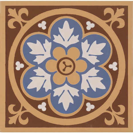 Livingstone blue ceramic tile with brown and blue floral pattern and cream-colored accents for decorative use