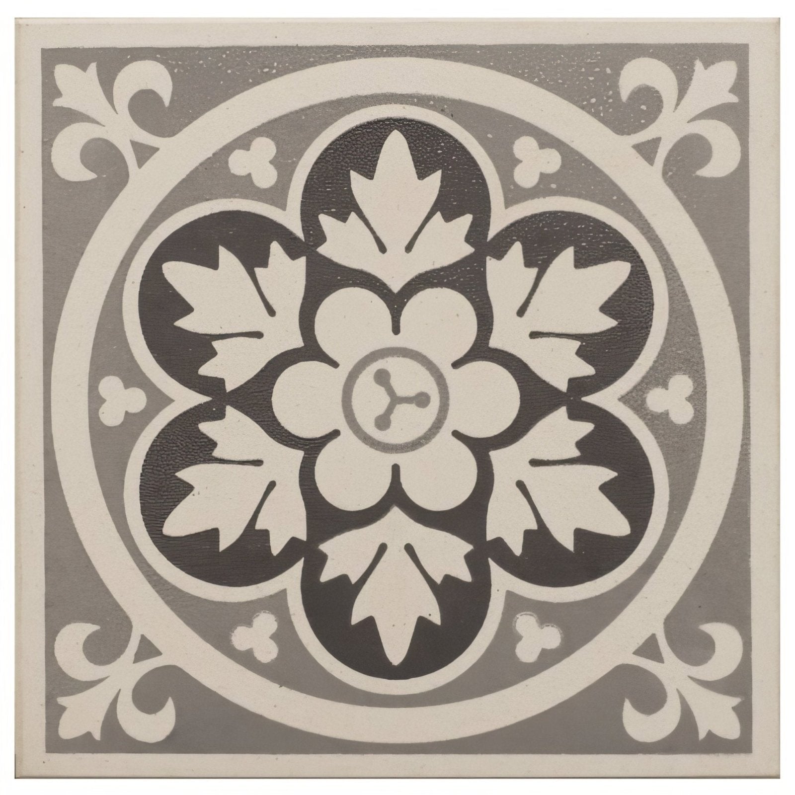 Ornate gray and white floral tile with a central circular motif livingstone grey on dover white design