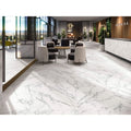 White marble-effect floor tiles loira 1856 white matt with elegant gray veining and a matt finish