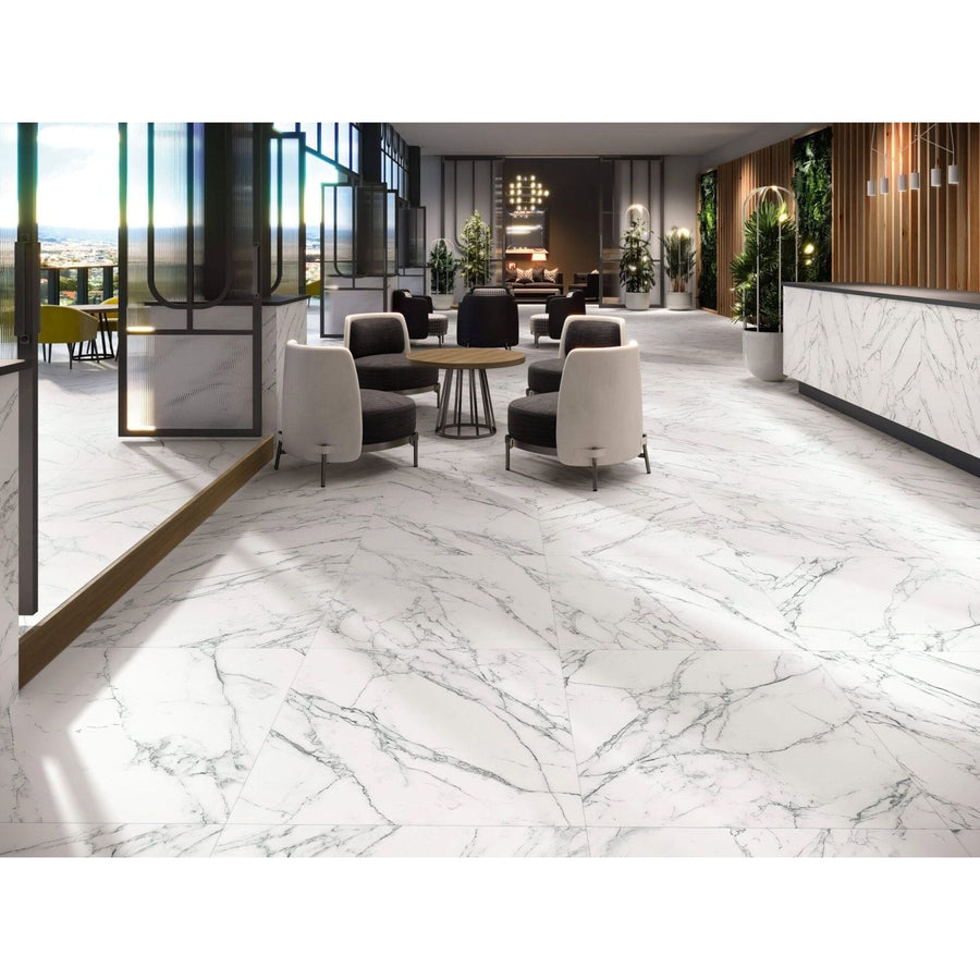 White marble-effect floor tiles loira 1856 white matt with elegant gray veining and a matt finish