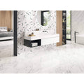 Loira 1857 White Polished white marble-effect tiles with a vanity and black accents
