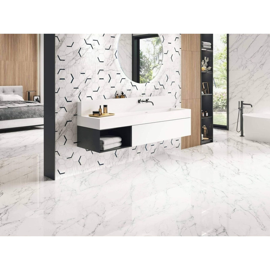 Loira 1857 White Polished white marble-effect tiles with a vanity and black accents