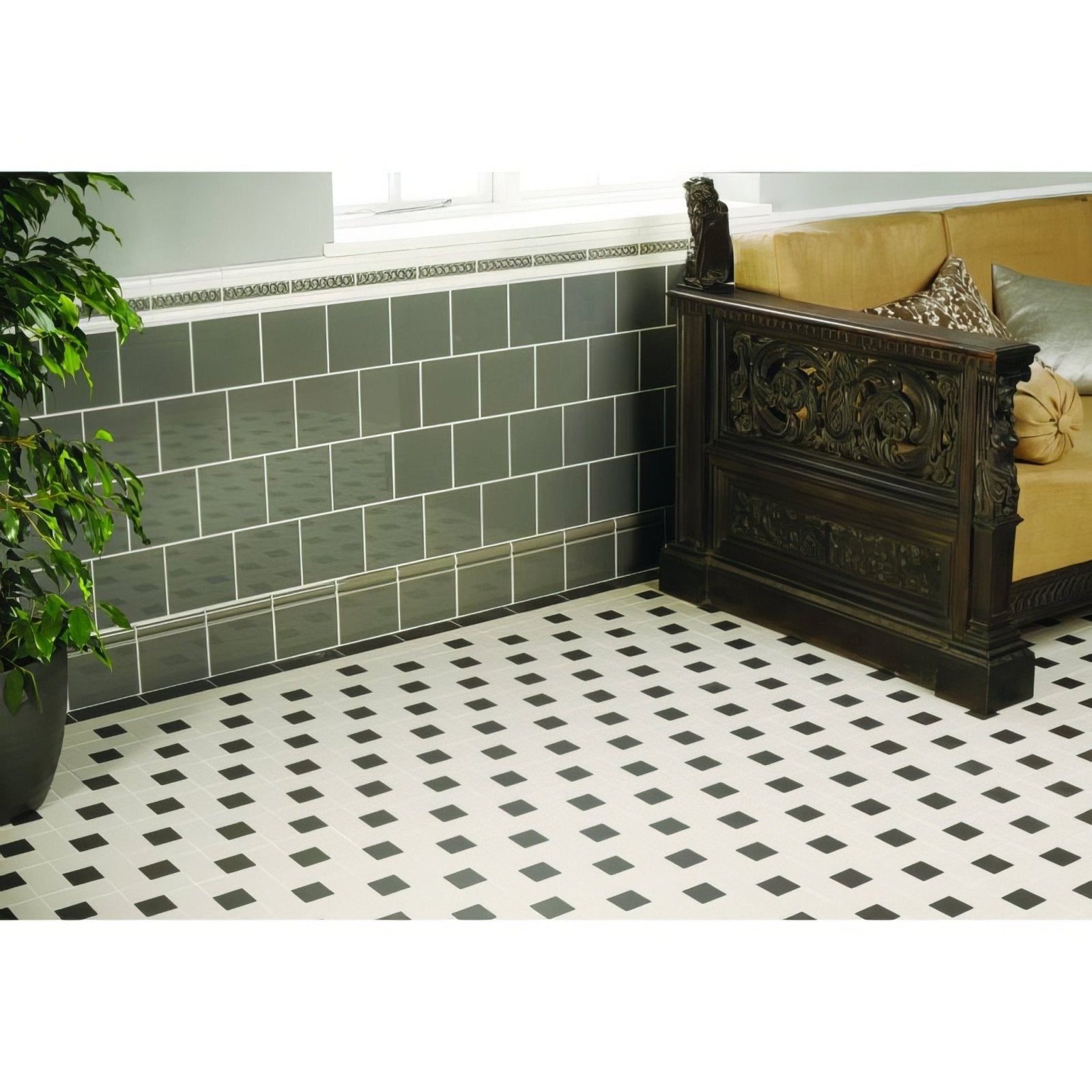 Dark gray rectangular london stone field wall tiles with white grout lines for modern interior design