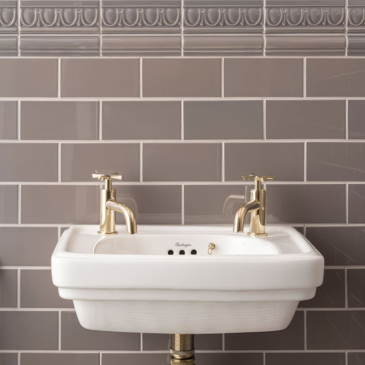 White ceramic sink with gold toned faucets installed on london stone half tile wall for bathroom use