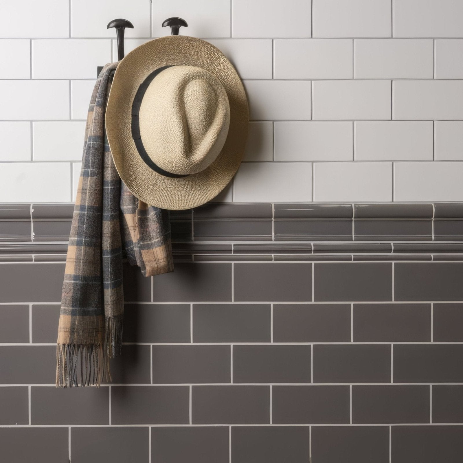 Beige straw fedora with black band displayed on london stone half tile surface for stylish headwear presentation