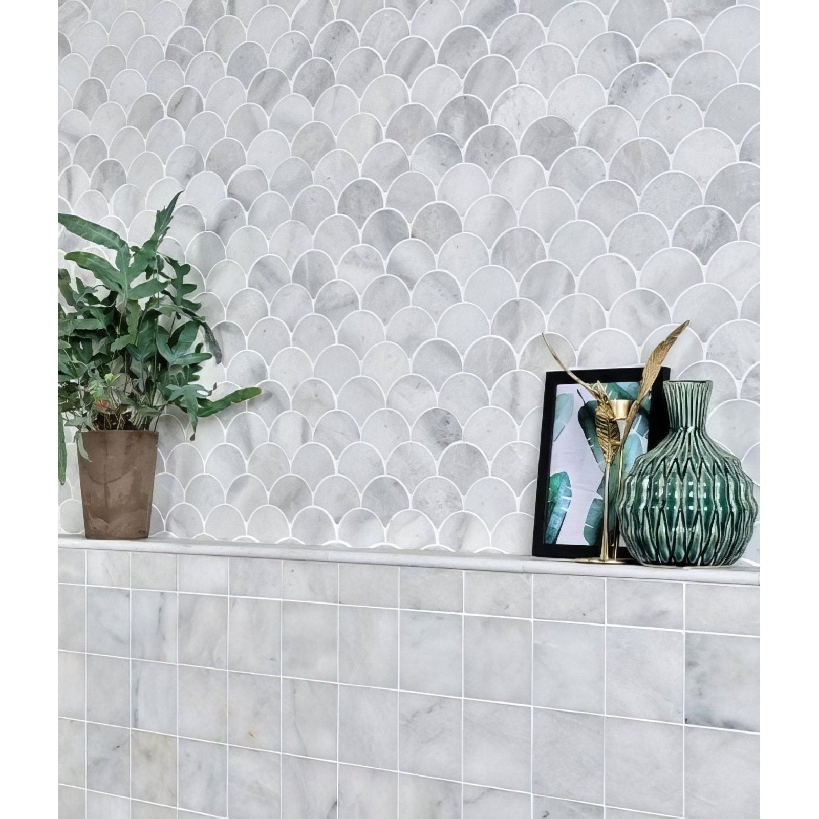 Long Island Marble Scallop Mosaic grey marble scallop mosaic with a green ribbed vase