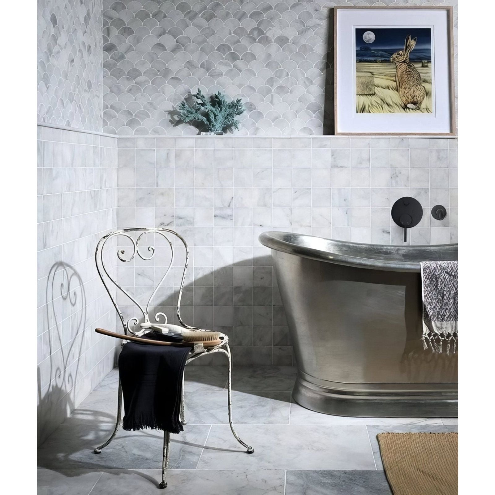 Long Island Marble Scallop Mosaic grey marble scallop mosaic with an antique wrought iron chair