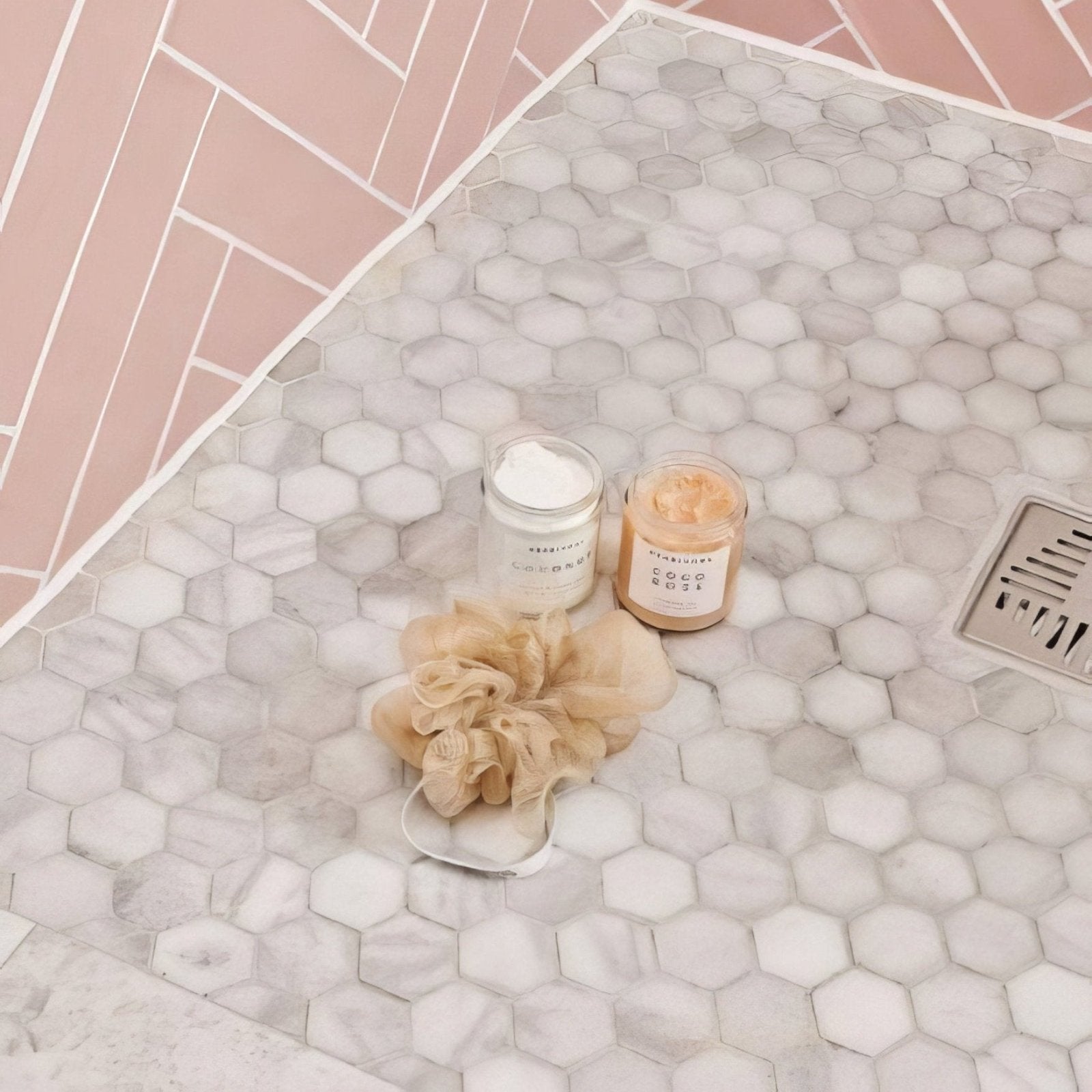 Long Island Marble Small Hexagon Mosaic light grey marble hexagon mosaic with a mesh loofah