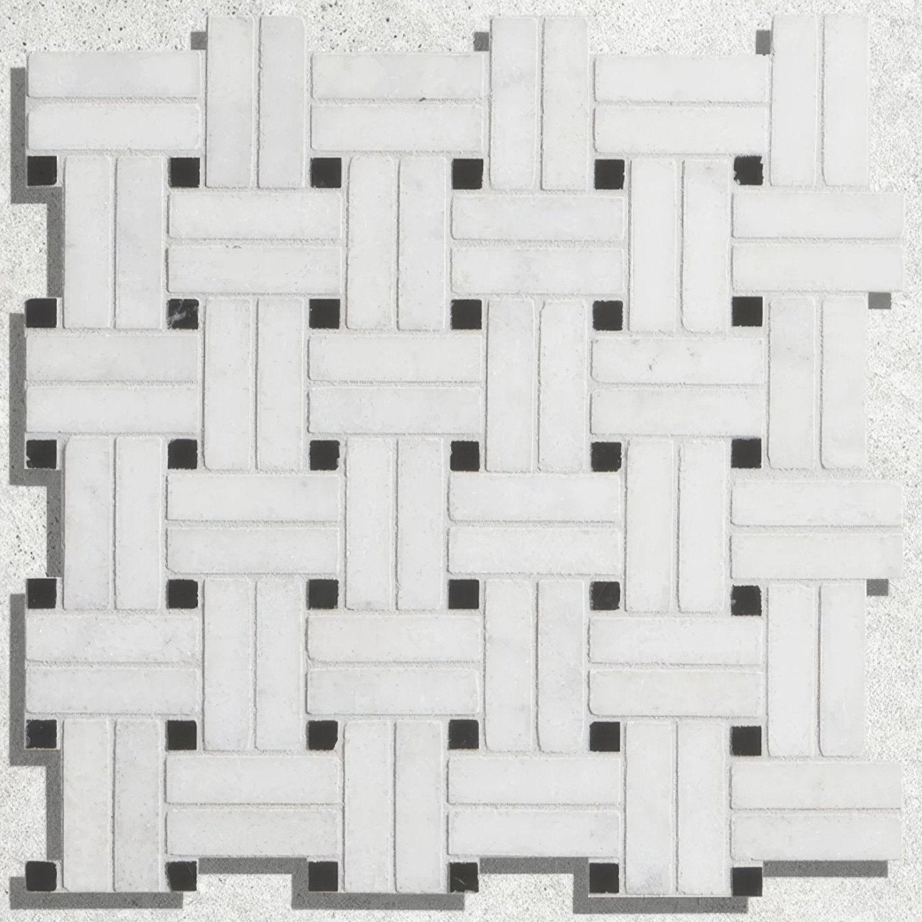 Long island marble wicker mosaic white marble tile with woven pattern and black square insets