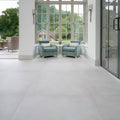 Light gray matte-finish louvre porcelain blanc floor tiles 80 x 80cm with subtle veining and clean rectangular edges