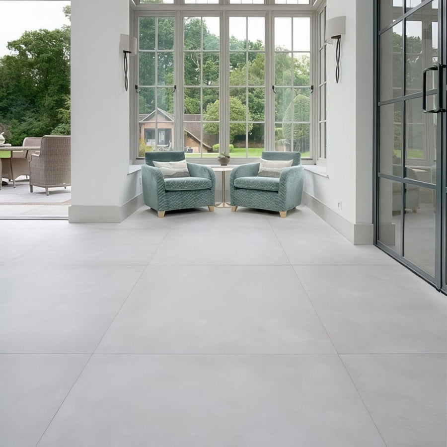 Light gray matte-finish louvre porcelain blanc floor tiles 80 x 80cm with subtle veining and clean rectangular edges