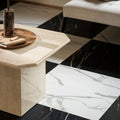 Lucca Statuario Venato white marble-effect tiles with a hexagonal-top coffee table