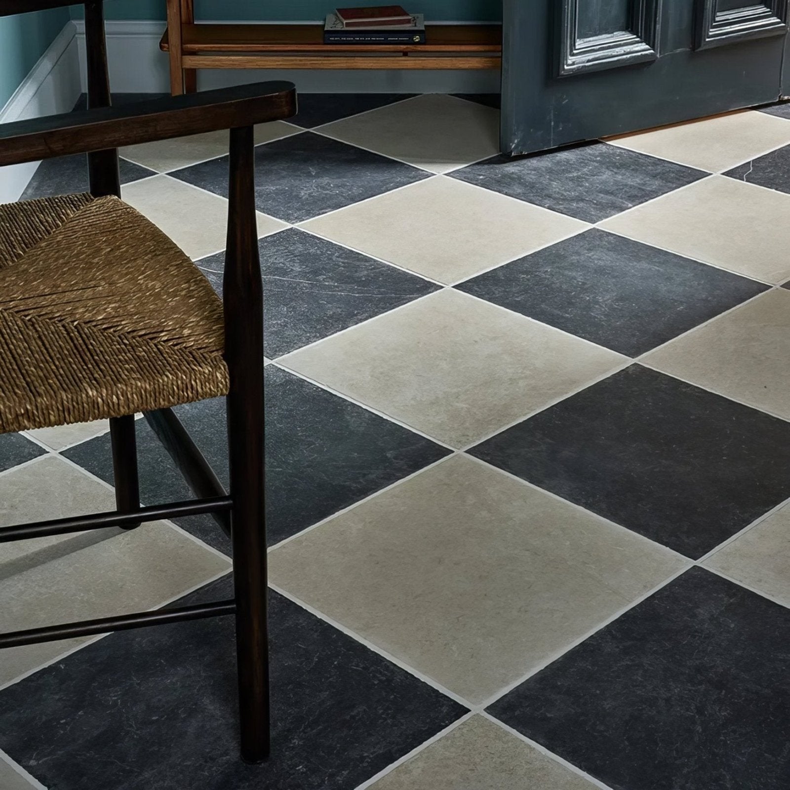 Ludlow Porcelain Charcoal black and beige diamond-pattern porcelain floor tiles