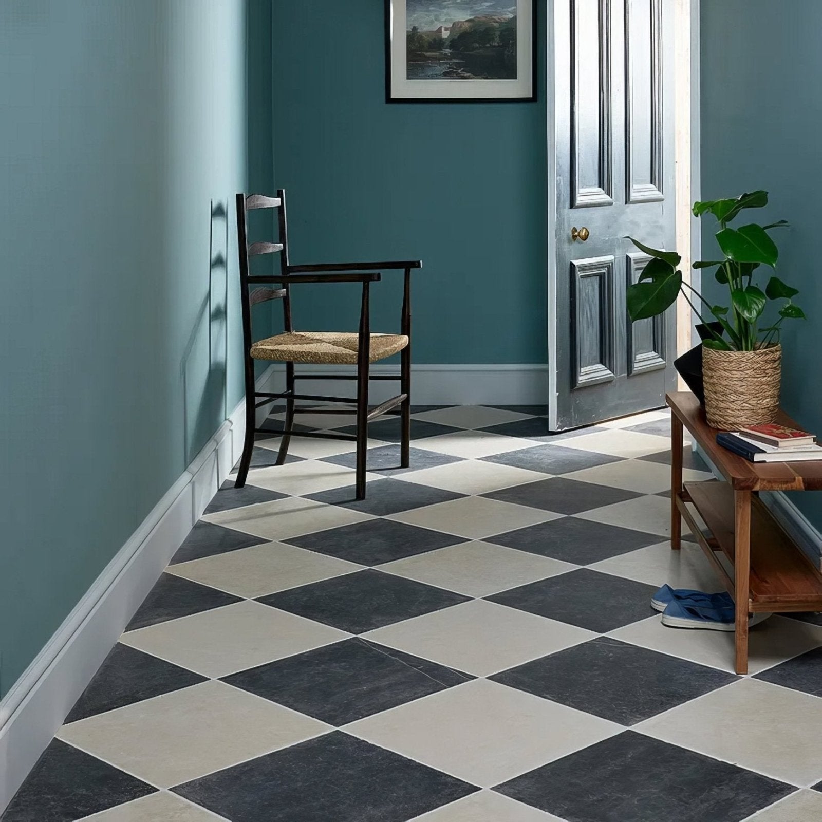 Ludlow porcelain charcoal floor tiles featuring black and white diamond pattern for stylish indoor flooring
