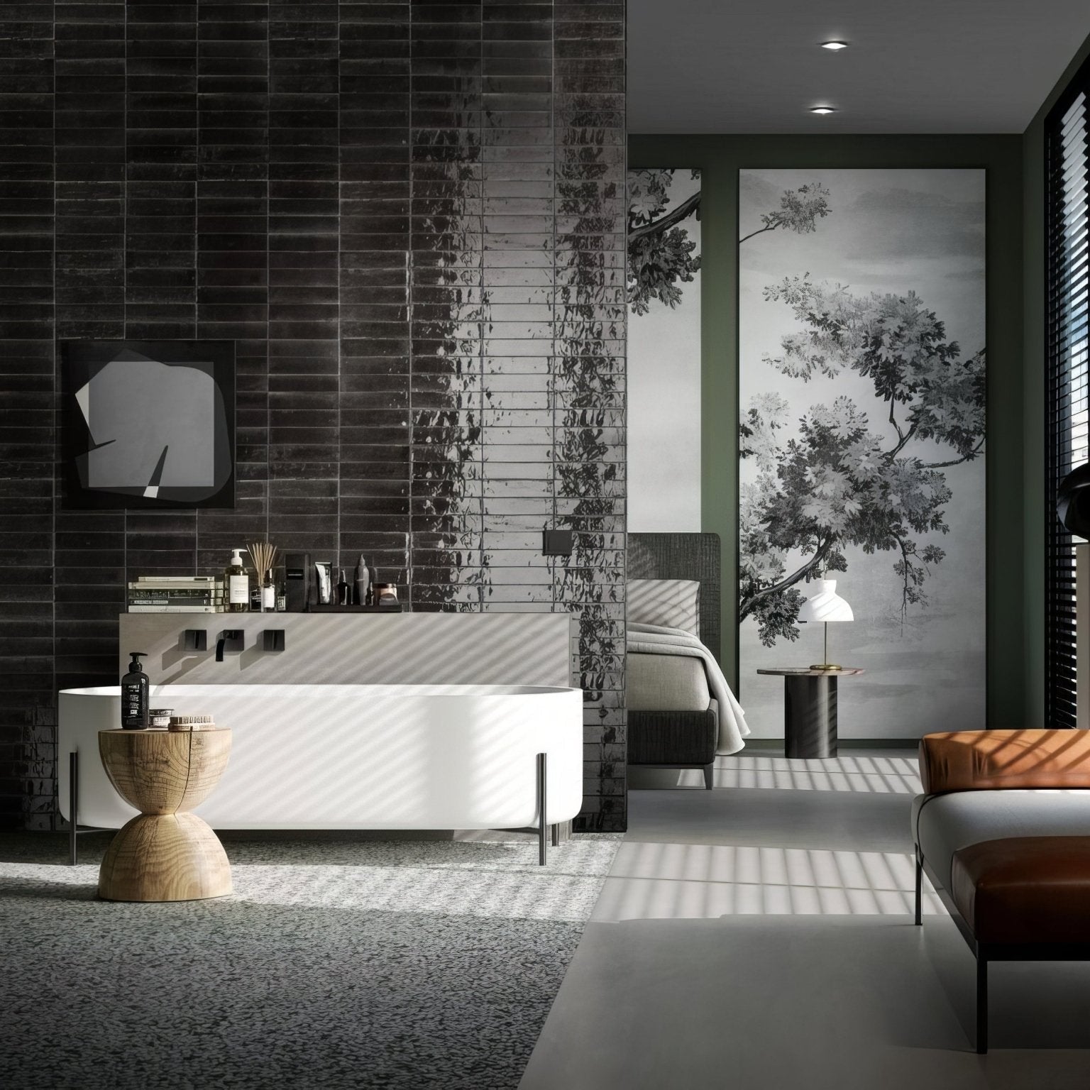 White freestanding bathtub Luminous Lume black featuring a sleek minimalist design with thin metal legs