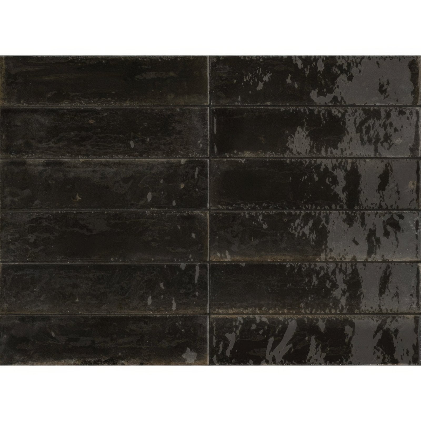 Dark gray rectangular tiles with a distressed weathered finish arranged horizontally from Luminous Lume Black collection