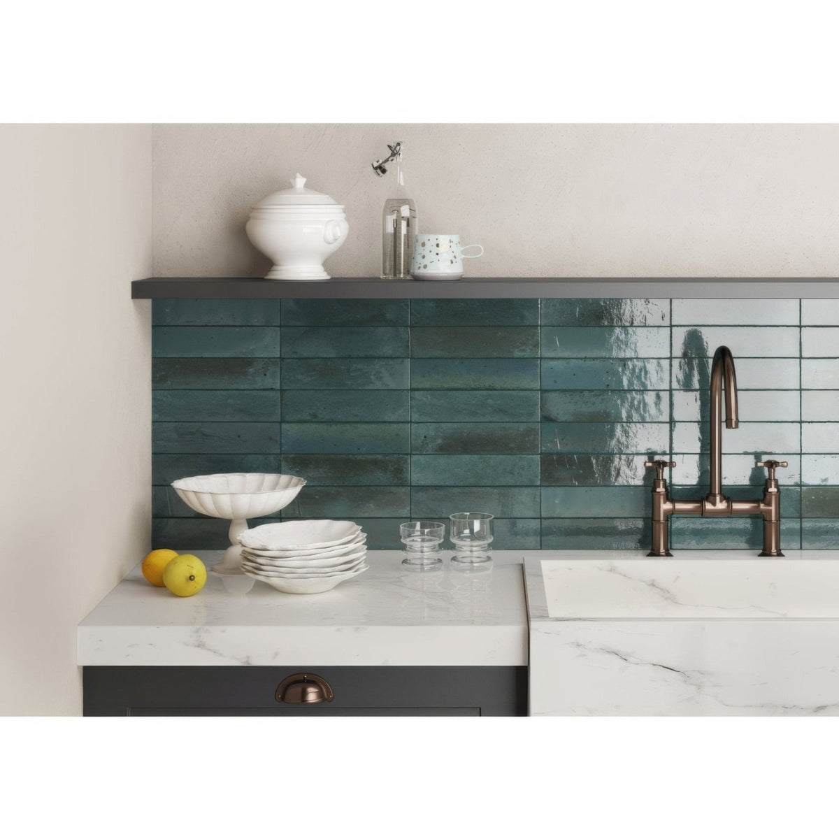 Teal glossy subway tile backsplash from luminous lume blue collection ideal for modern kitchen walls