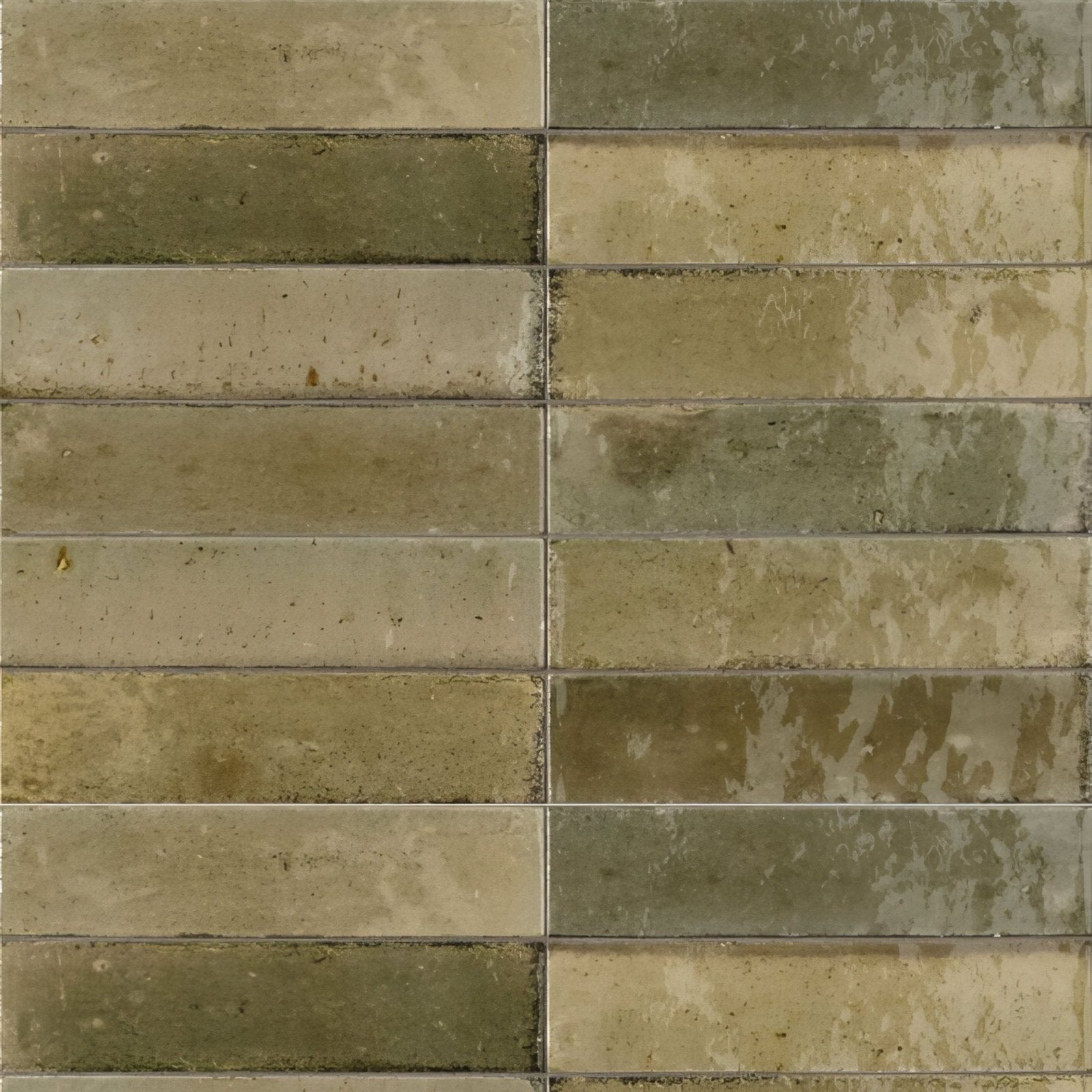Rectangular mosaic tiles luminous lume musk in earthy beige olive green and muted gray with textured stone finish