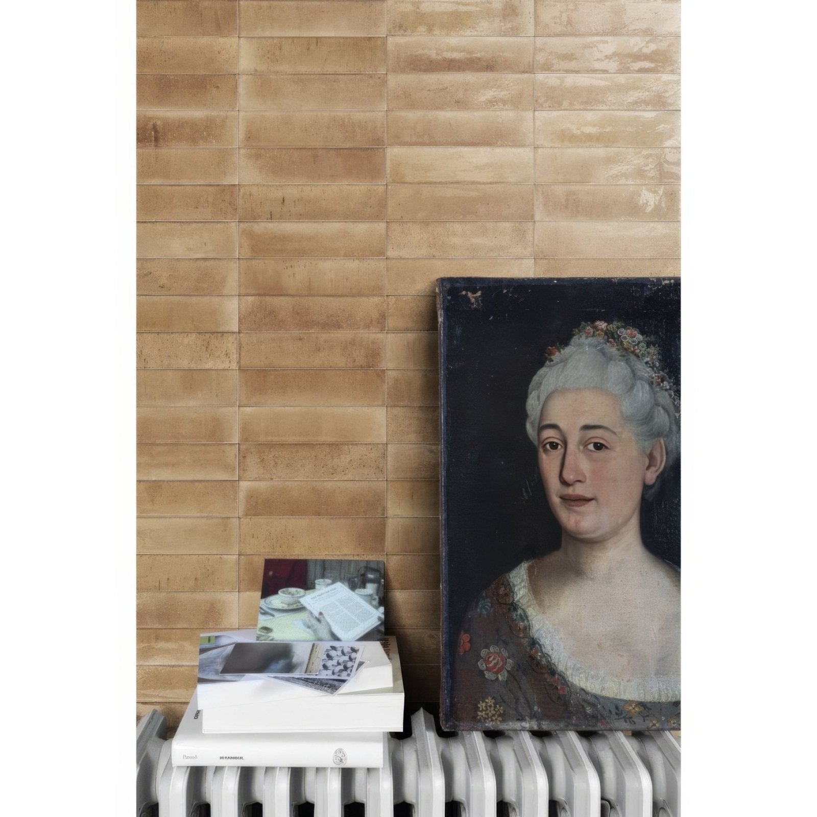 Antique oil painting of woman with silver-gray powdered hair and floral adornments against dark background for wall decor