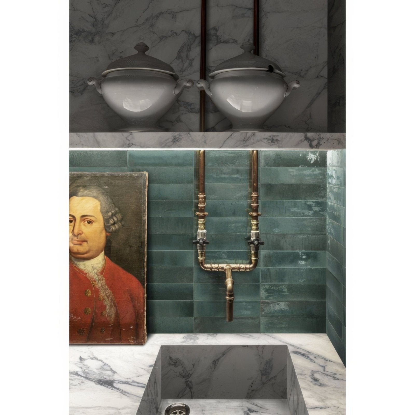 Brass plumbing fixture with ornate fittings against teal tiled wall for luminous lume turquoise collection
