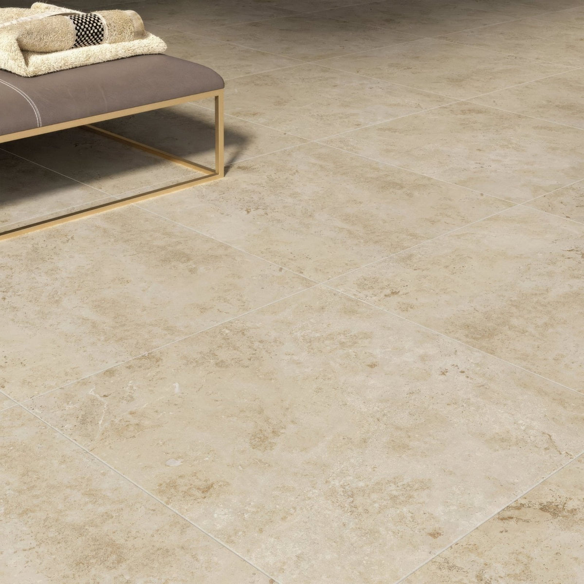 Lux beige 60 x 60cm beige stone-effect floor tiles with subtle natural veining and a matte finish