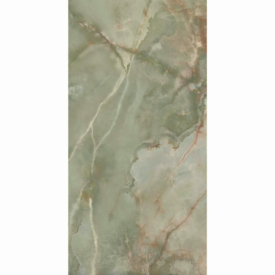 Lux Noor apple marble effect tile with sleek rectangular shape and green marble featuring cream and reddish brown veining