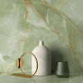 Lux Noor Apple Marble Effect Tile green marble-effect tiles with a white ceramic vase