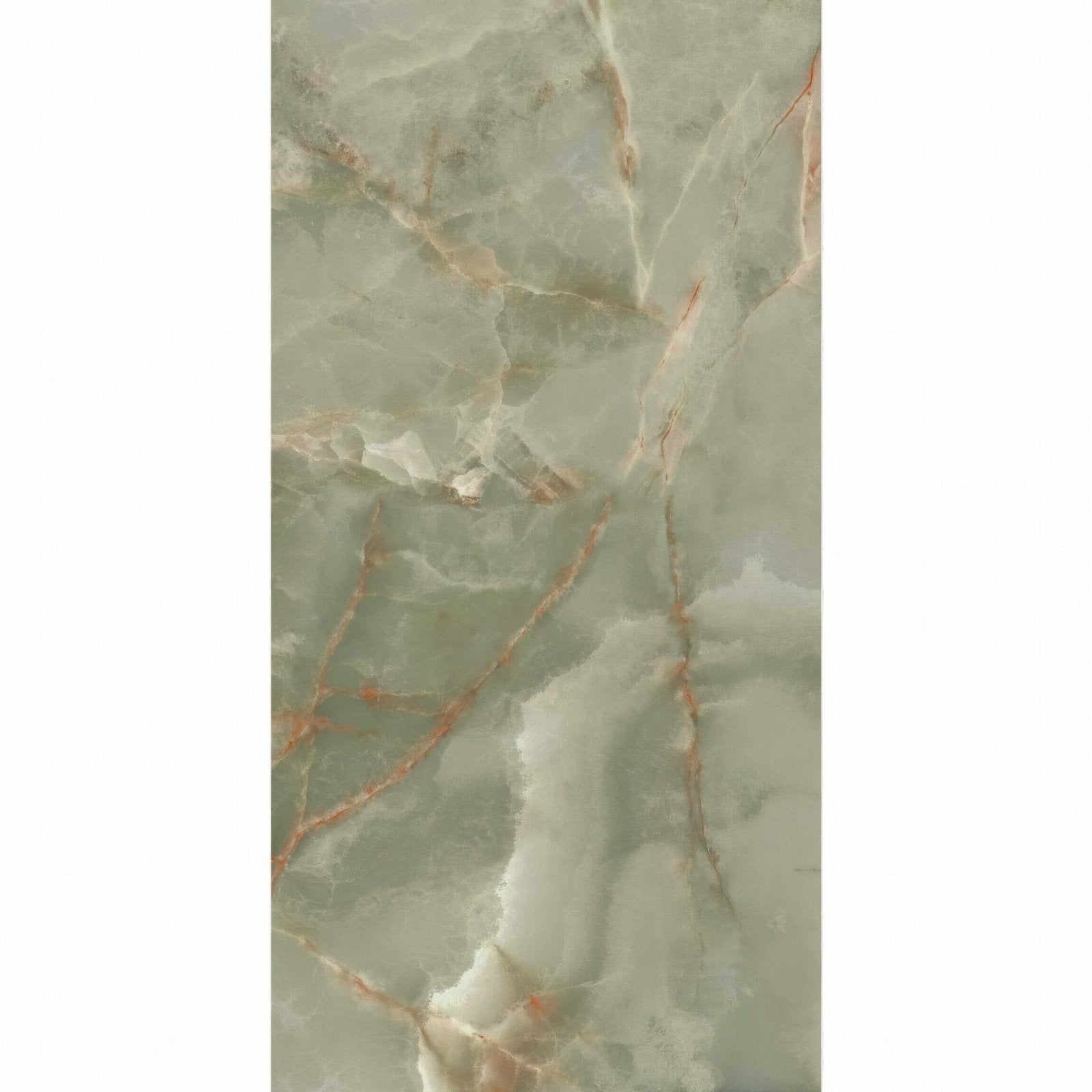Lux noor apple marble effect tile showing a sleek rectangular slab of light green marble with beige and reddish veining
