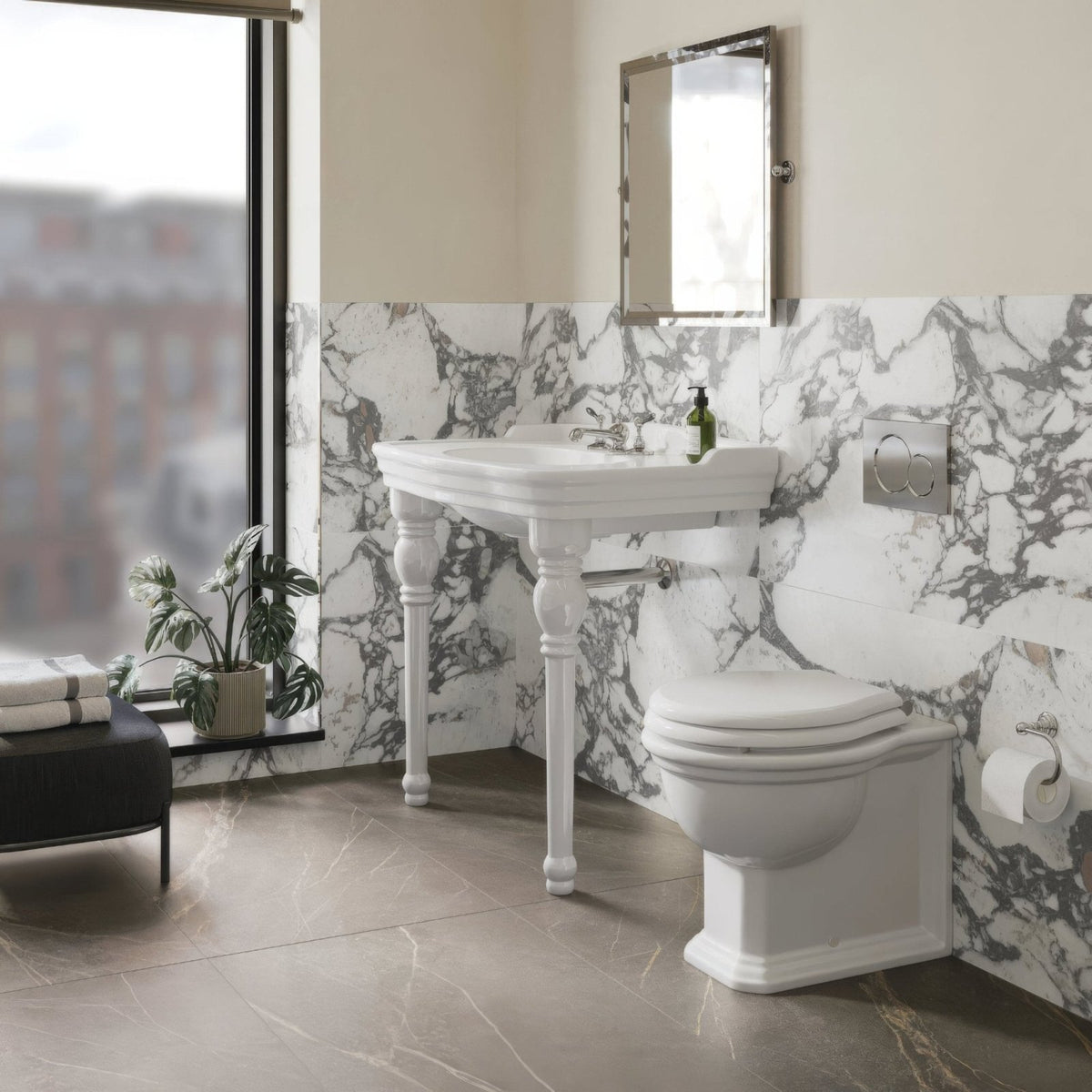 Lux Viola 60 x 120cm white marble-effect tiles with a pedestal sink