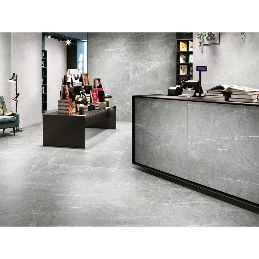 Gray marble-effect floor tiles lyon 1836 marengo matt with subtle veining and a matte finish