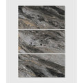 Magnifique Porcelain Nero three-panel bookmatched marble-effect porcelain with dark grey, black and beige veining