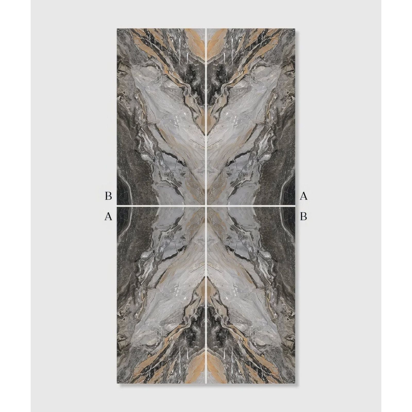 Abstract marble-patterned magnifique porcelain nero bookmatched wall panel with symmetrical gray black and beige design