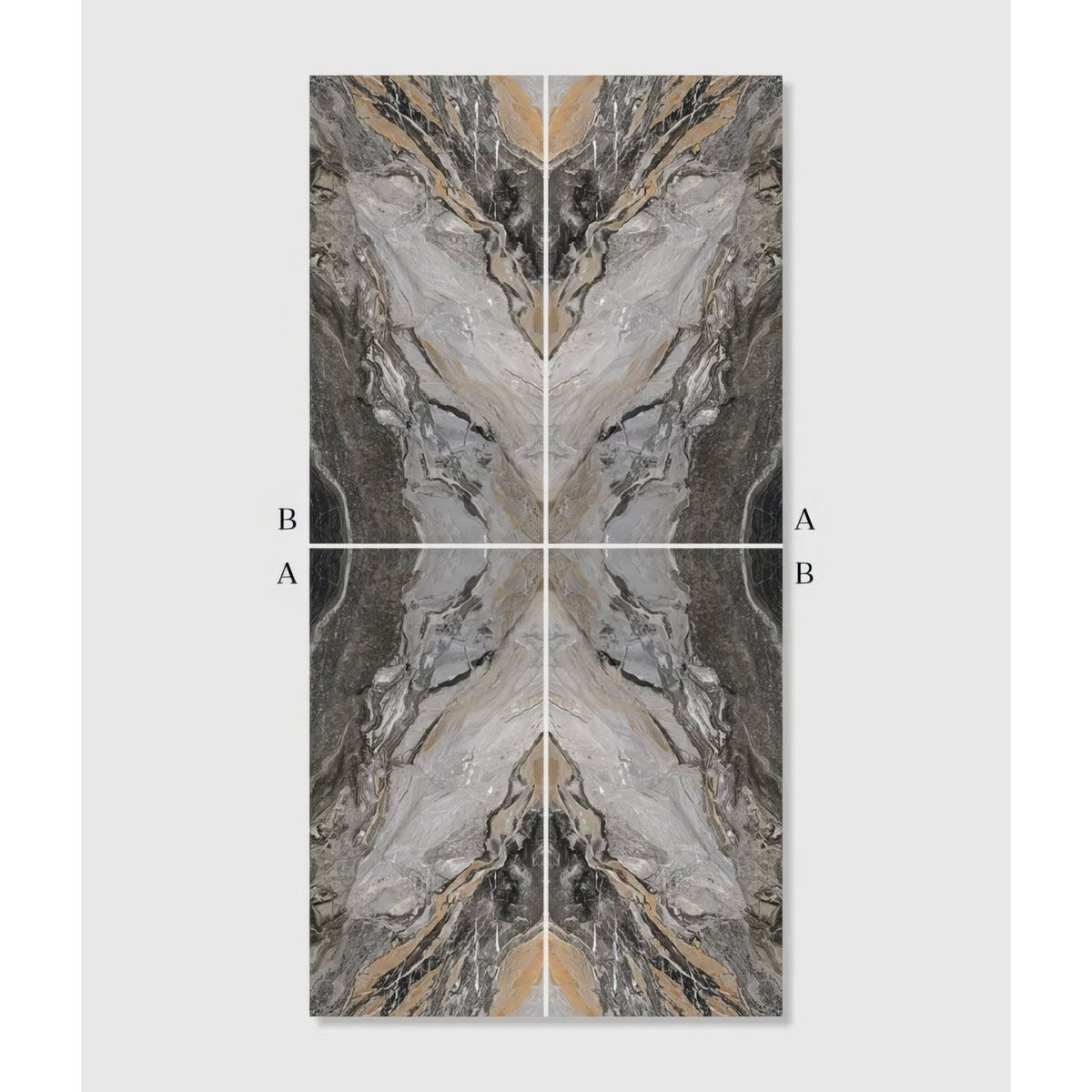 Abstract marble-patterned magnifique porcelain nero bookmatched wall panel with symmetrical gray black and beige design