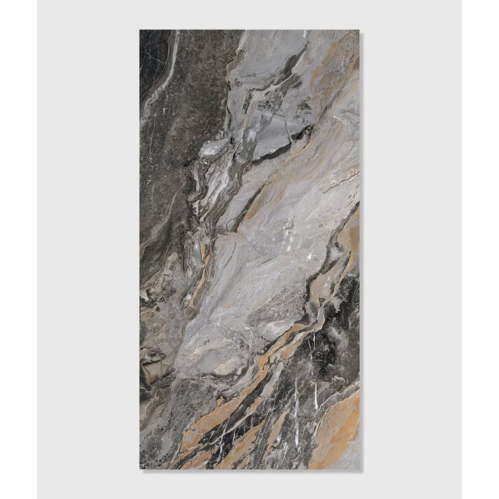 A sleek rectangular magnifique porcelain nero bookmatched tile with gray black and subtle gold marble veining