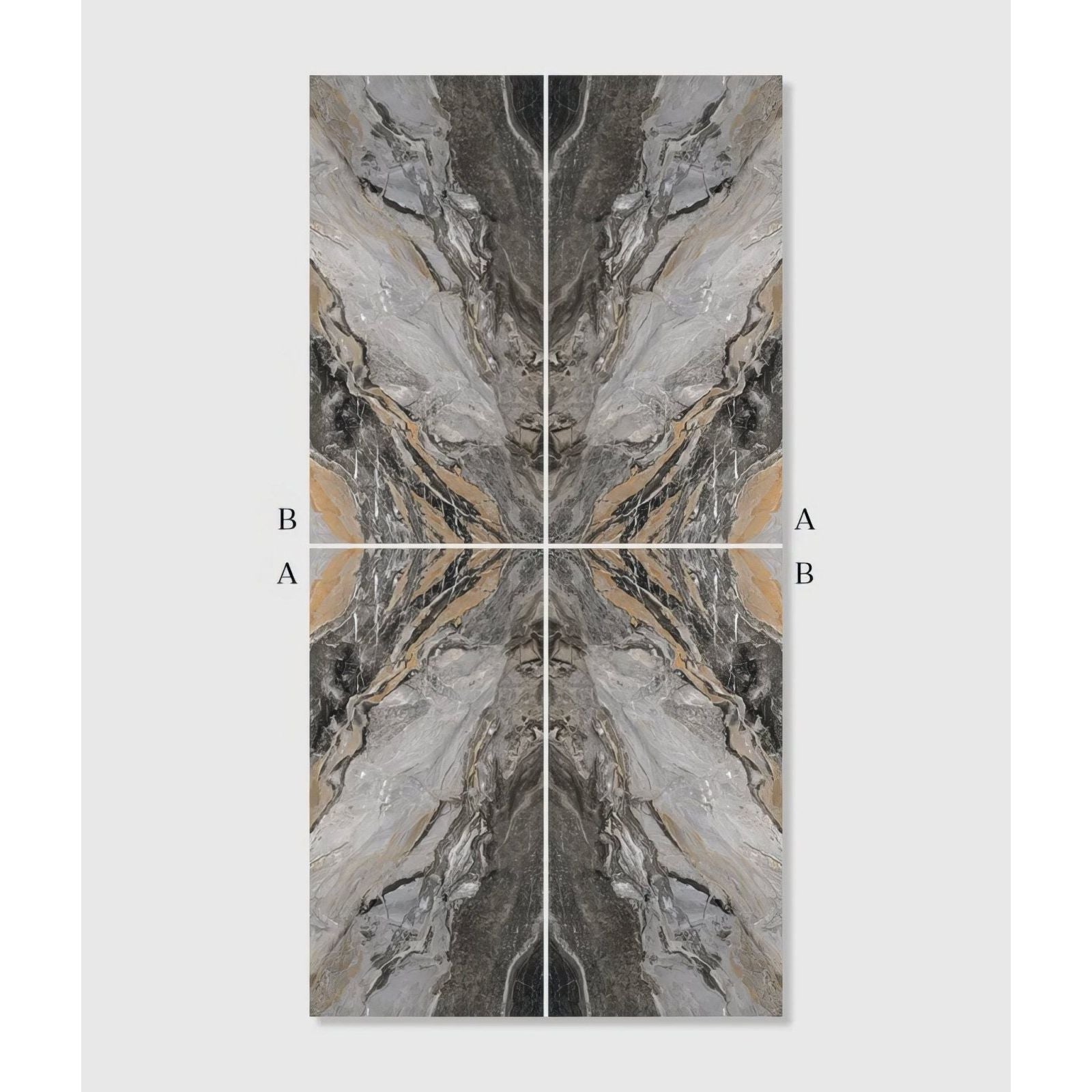 Abstract marble patterned wall art with symmetrical flowing veins in gray black and beige tones by magnifique porcelain nero bookmatched