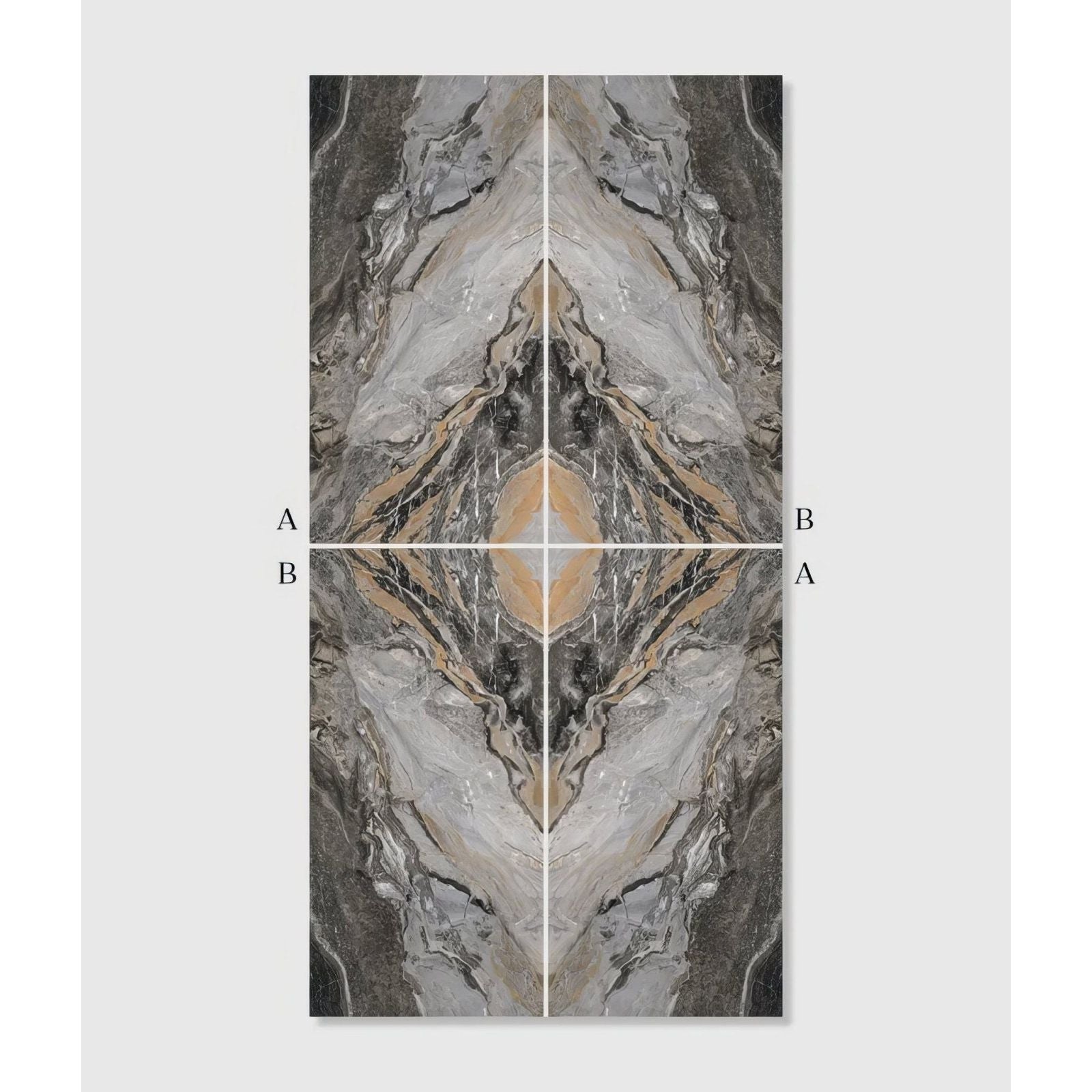 Abstract marble patterned porcelain wall panel magnifique porcelain nero bookmatched in gray black and beige shades