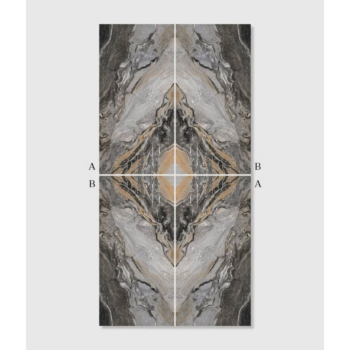 Abstract marble patterned porcelain wall panel magnifique porcelain nero bookmatched in gray black and beige shades