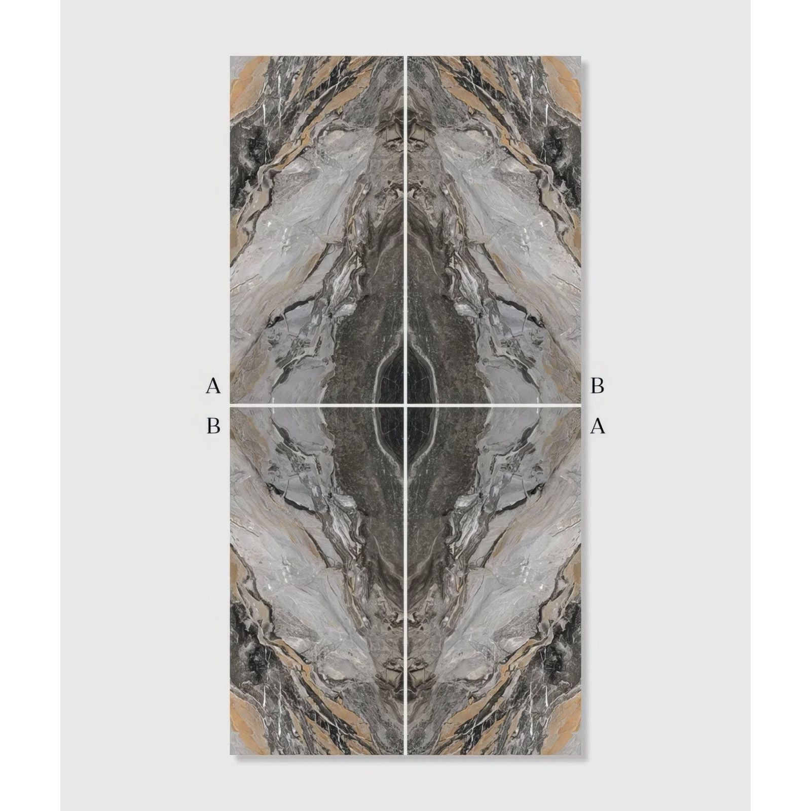 A sleek symmetrical marble wall panel with gray black and beige veining from magnifique porcelain nero bookmatched