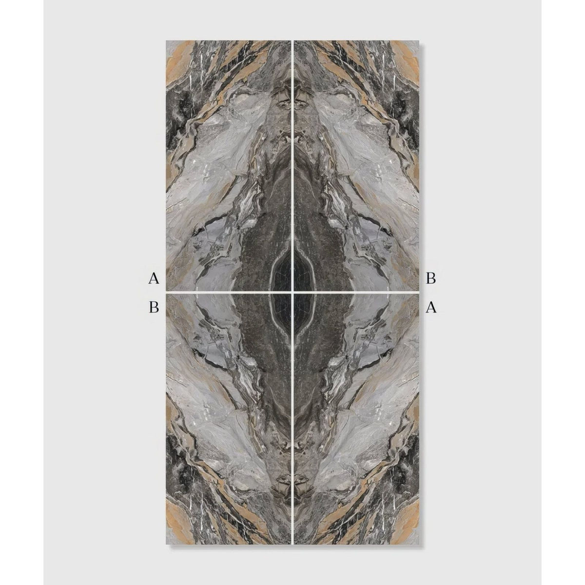 A sleek symmetrical marble wall panel with gray black and beige veining from magnifique porcelain nero bookmatched