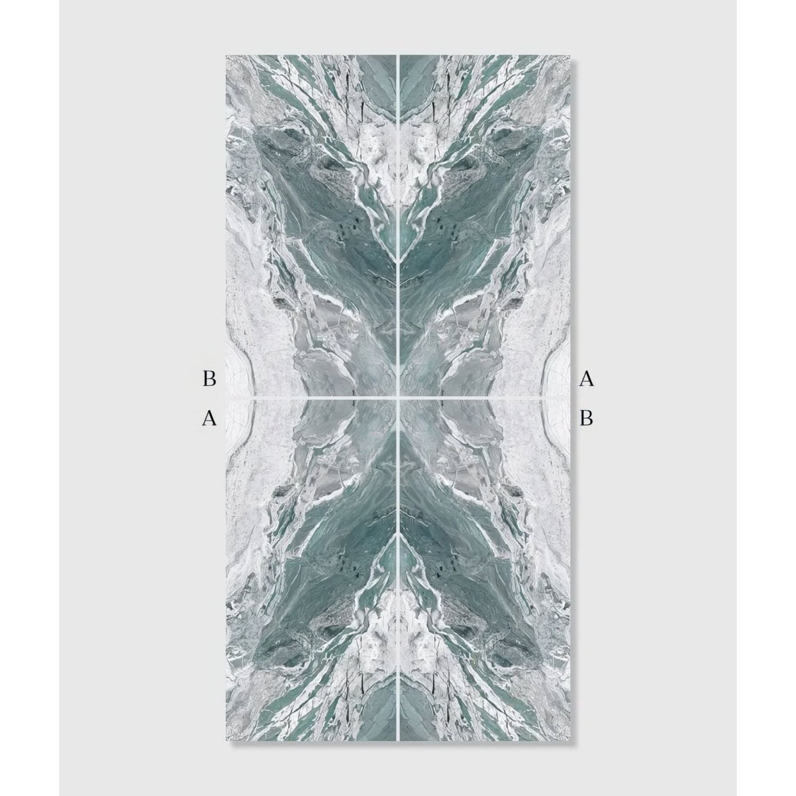Magnifique Porcelain Ocean Bookmatched marble-effect porcelain panel with a symmetrical teal and grey pattern