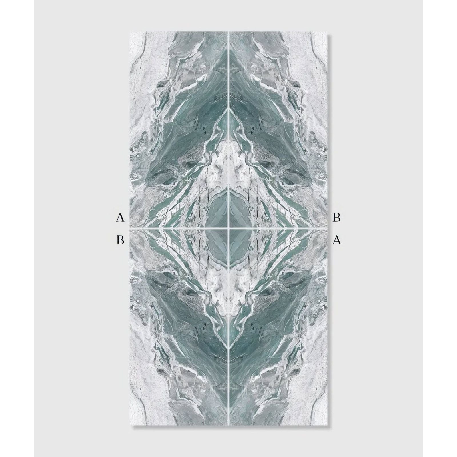 Magnifique Porcelain Ocean Bookmatched marble-effect porcelain panel with symmetrical teal and grey veining